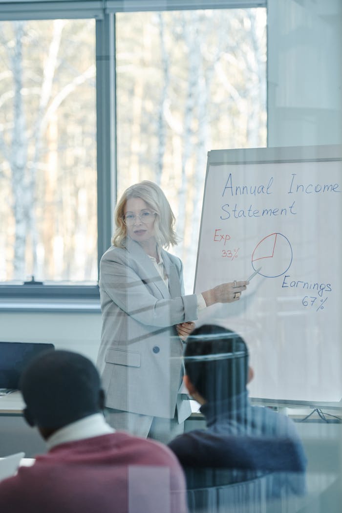Professional presentation on annual income statement with visual aids in a modern office setting.